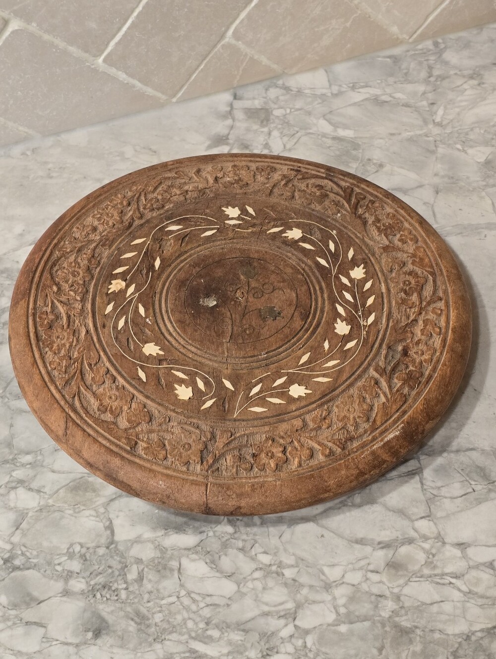 Antique Wood Carved Round Tray/ Trivet Boho Brass Inlay Platter Wabi Sabi